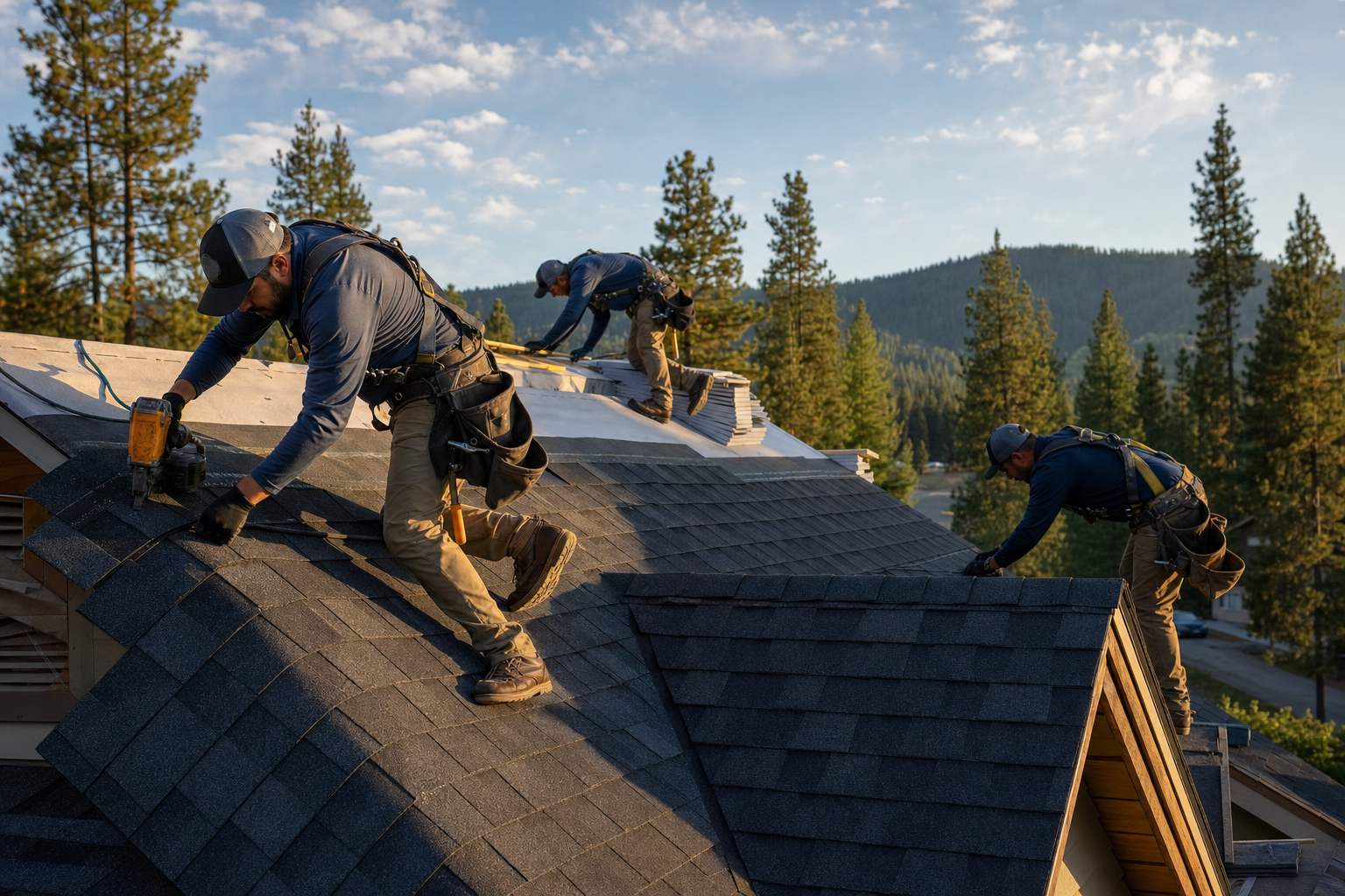 Roofers repairing a storm-damaged roof