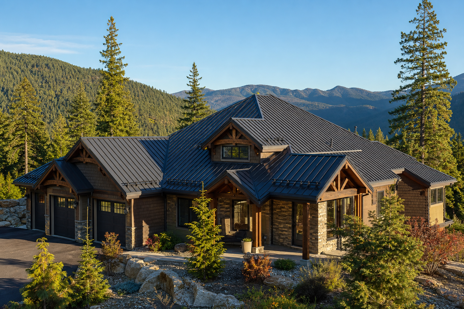 Standing-seam metal roof on a mountain home